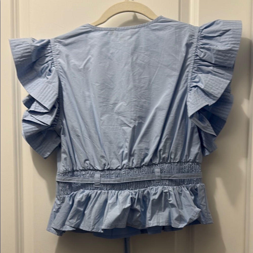 Light Blue Ruffle Sleeve Waist-Tie Top - Picture 5 of 8